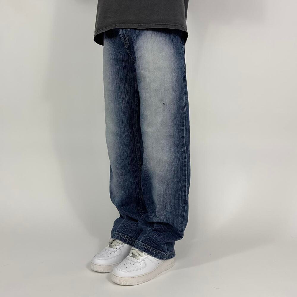 Y2K Grunge Style Baggy Wide-Leg Faded Blue Denim Streetwear Utility Jeans